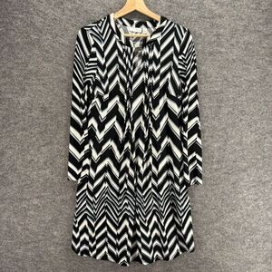 New York & Company Dress Women S Small Black Striped Shift Midi V-Neck Casual